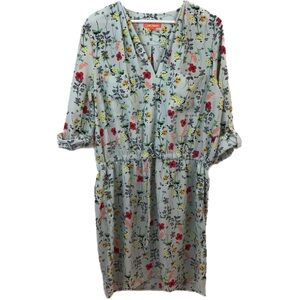 Joe Fresh Green & Red Bright Floral Dress with Roll-Up Sleeves for Spring, SZ L